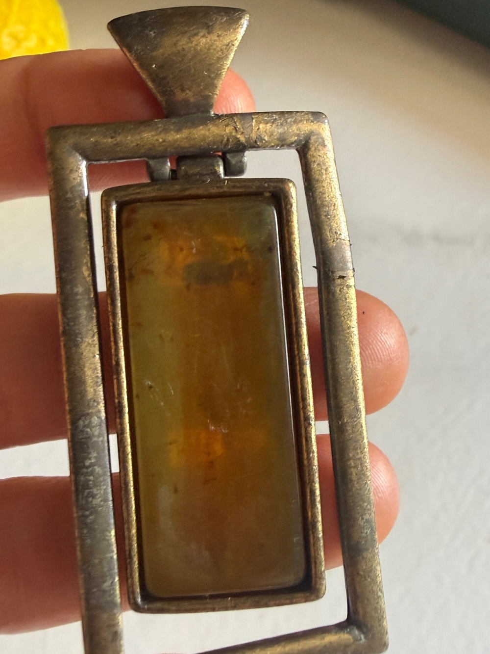Vintage brass Amber Rectangular Pendant - yellow orange moving necklace charm
